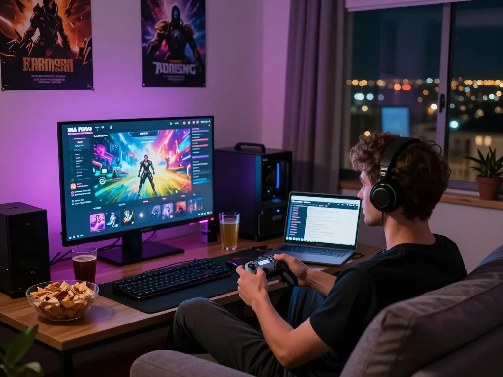 Immersive real porn game being played on a gaming console with snacks in a cozy room.