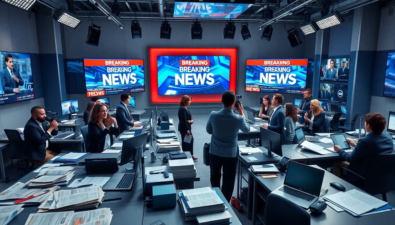 Journalists report latest news in a vibrant newsroom setting.