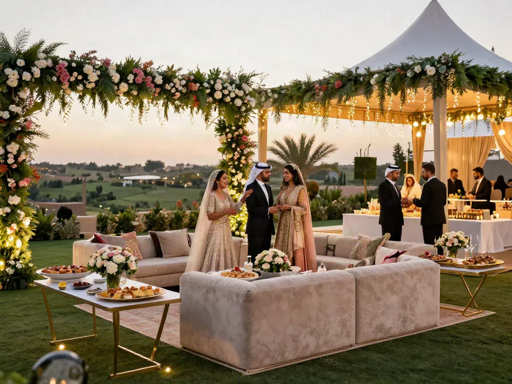 Event rental KSA showcasing an elegant outdoor wedding setup with luxurious décor and vibrant atmosphere.