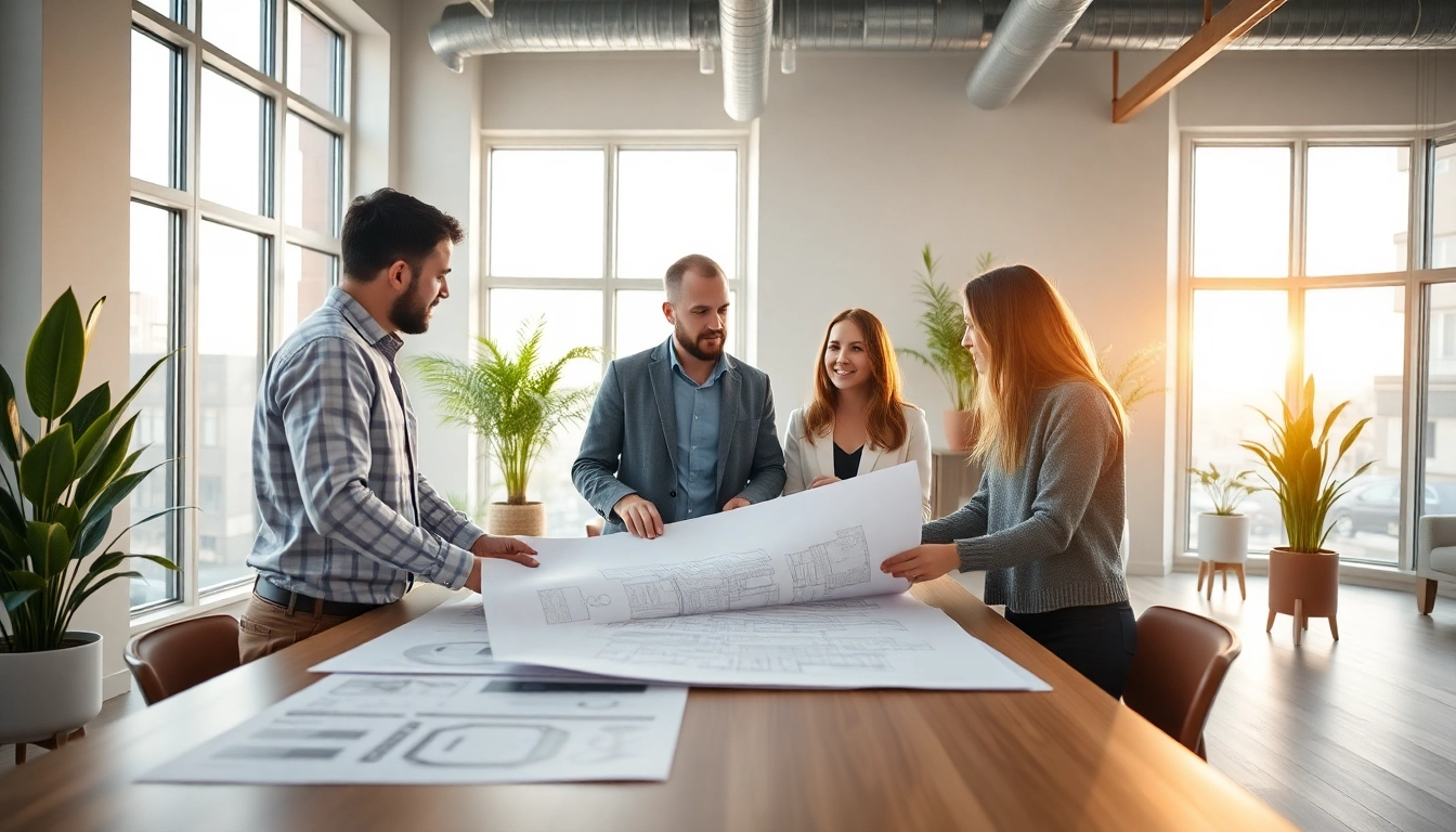 Collaborative meeting with a commercial architect reviewing blueprints in a modern office.