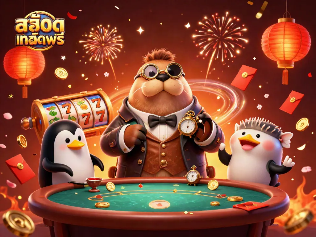 เล่นเกมสล็อตเครดิตฟรี โดยมีตัวละครน่ารักนั่งอยู่ที่โต๊ะโป๊กเกอร์ใต้ทะเล
