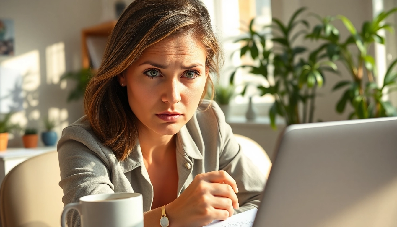 Woman experiencing brain fog looks confused at her cluttered desk.
