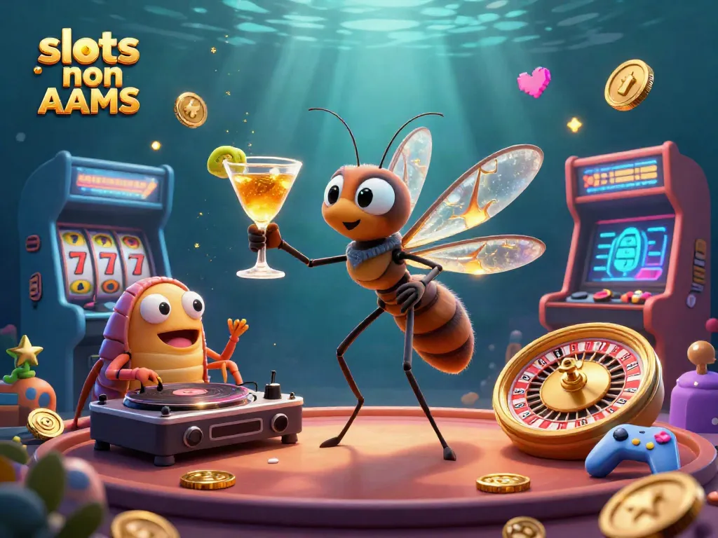 Scopri i migliori slot non AAMS con una scena ricca di elementi casinò tra un insetto e un DJ.