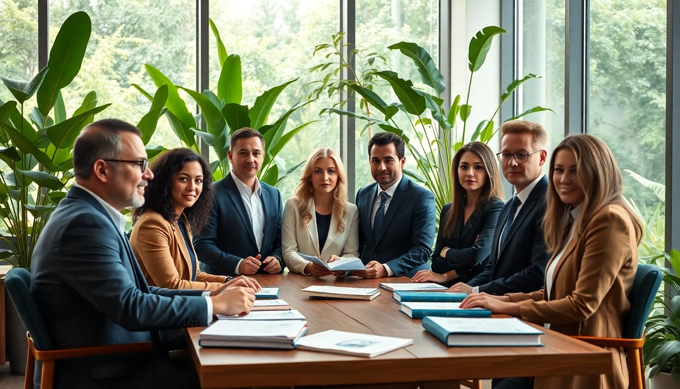 Environmental law firm team discussing sustainable legal strategies in a bright office setting.