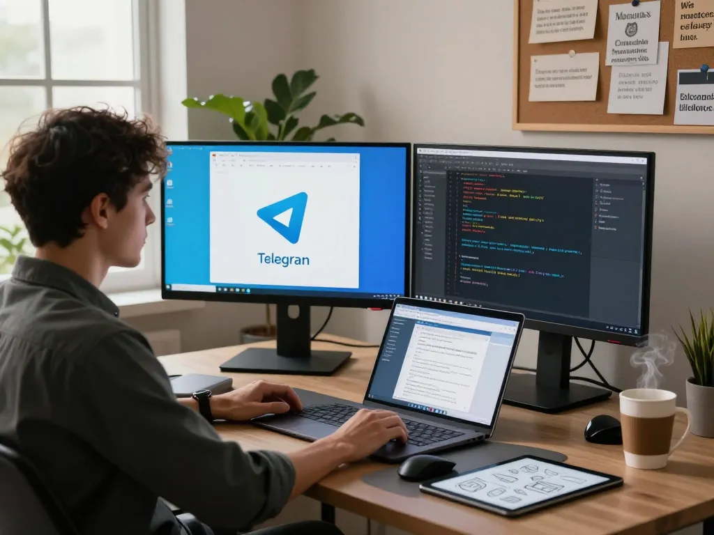 Focused workspace showing Telegram 电脑版 on dual monitors with a developer coding, capturing the essence of modern tech productivity.