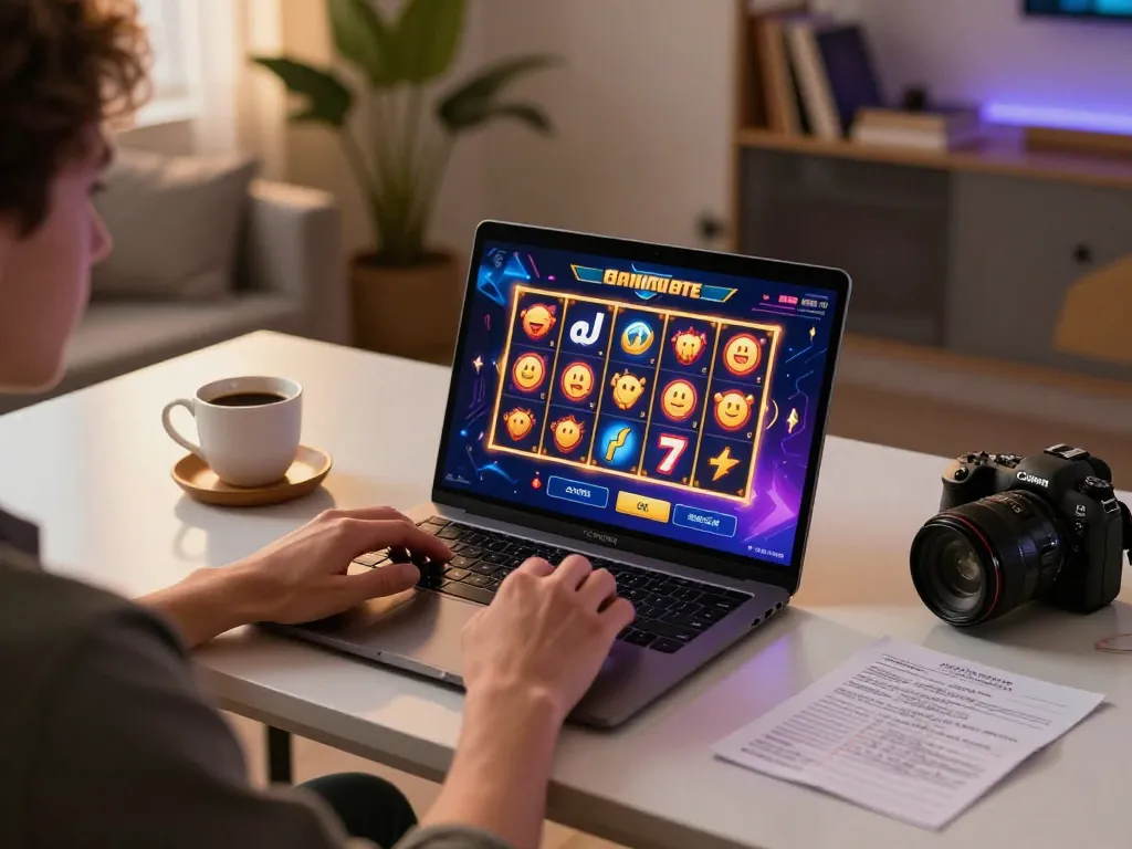 Playing slot gacor siang ini on a laptop with exciting graphics, coffee nearby, warm home lighting.