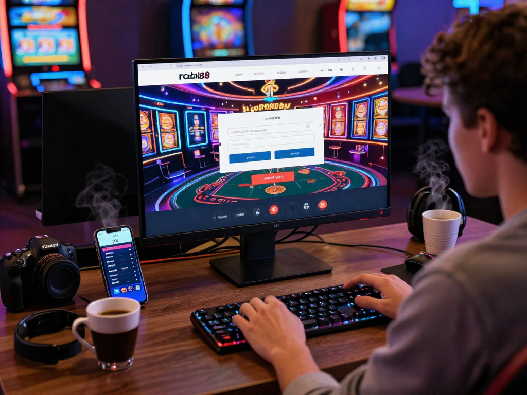 Engaging user with rokok88 login on a dynamic online gambling platform, showcasing colorful games.