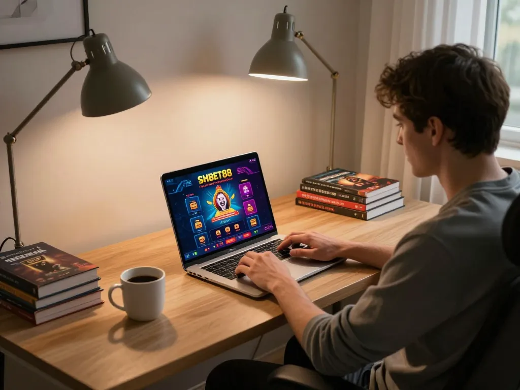Engaged player using SHBET88 online casino on a laptop, showcasing a strategic home gaming setup.