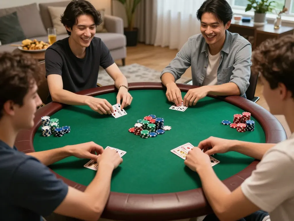 Enjoying a friendly poker game with slot bonus new member 100 di awal to 7x excitement visible, cards and chips on table