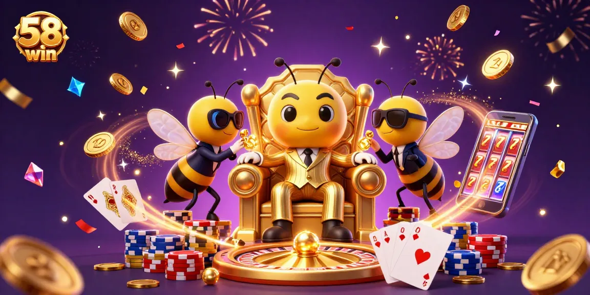 Experience the thrill of 58win with a vibrant 3D casino illustration, showcasing a bumblebee mob boss surrounded by iconic gaming elements.