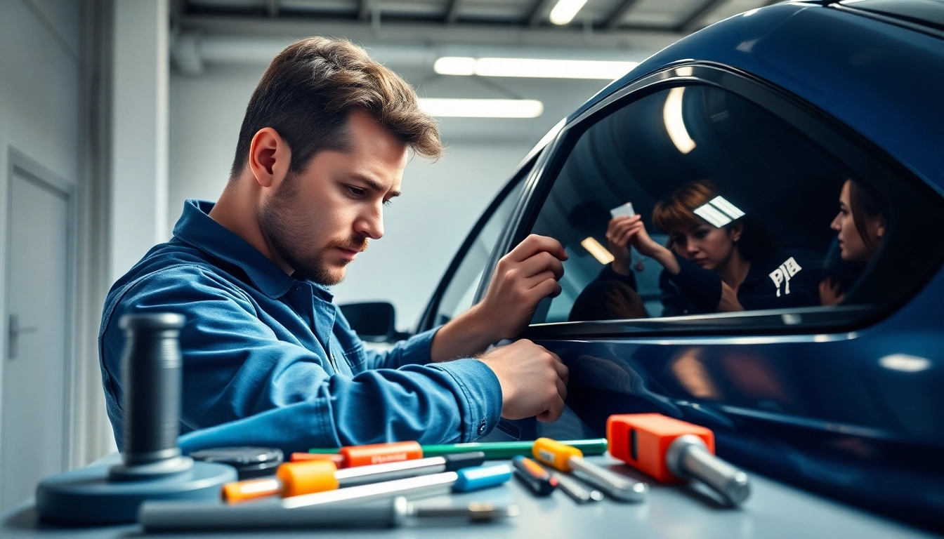 Apply auto window tint near me with expert precision in a bright garage.