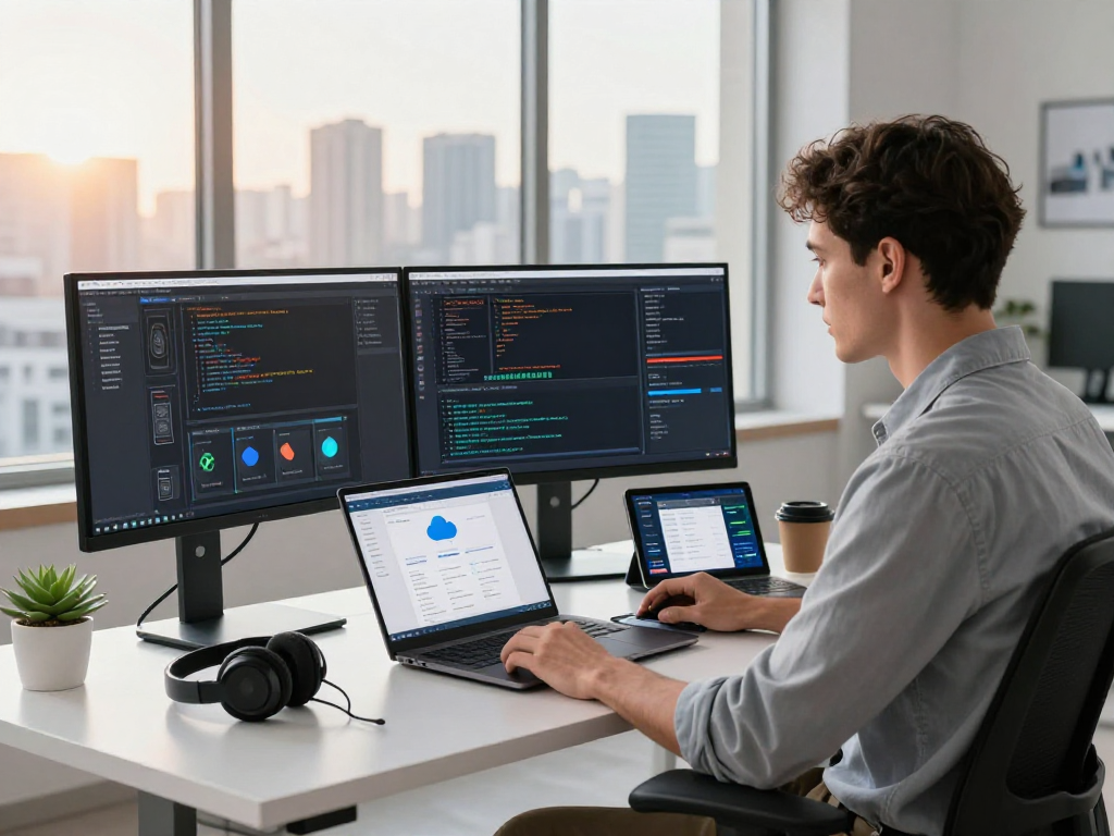Configuración de vps hosting en un moderno espacio de trabajo con pantallas mostrando servidores.
