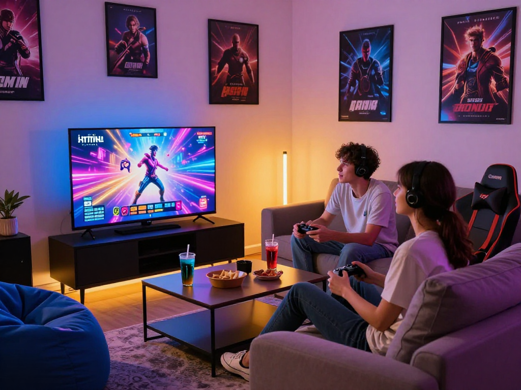 Engaging slide of players enjoying html porn games on TV in a cozy gaming room.