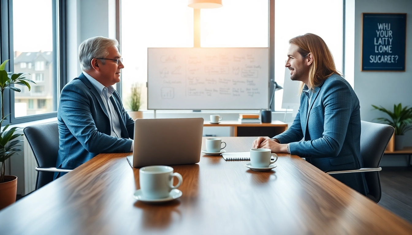 Engaging business coaching service session with a coach and client in a bright office environment.