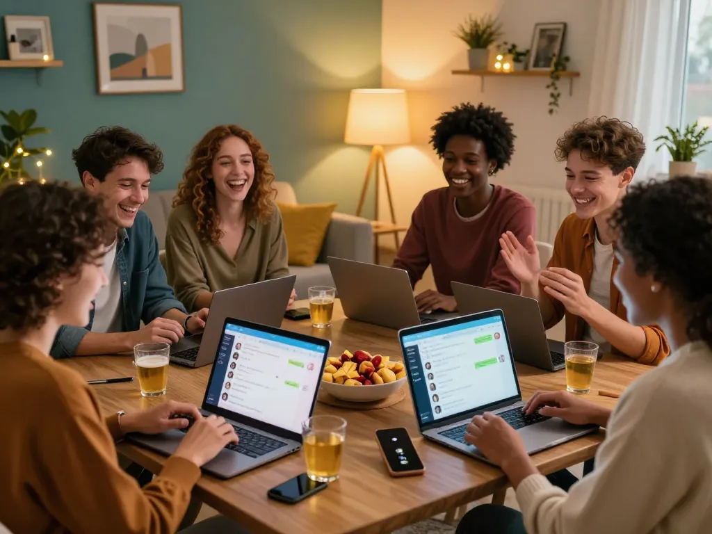 A diverse group chatting with AI slut chatbots, showcasing modern virtual dating in cozy home settings.