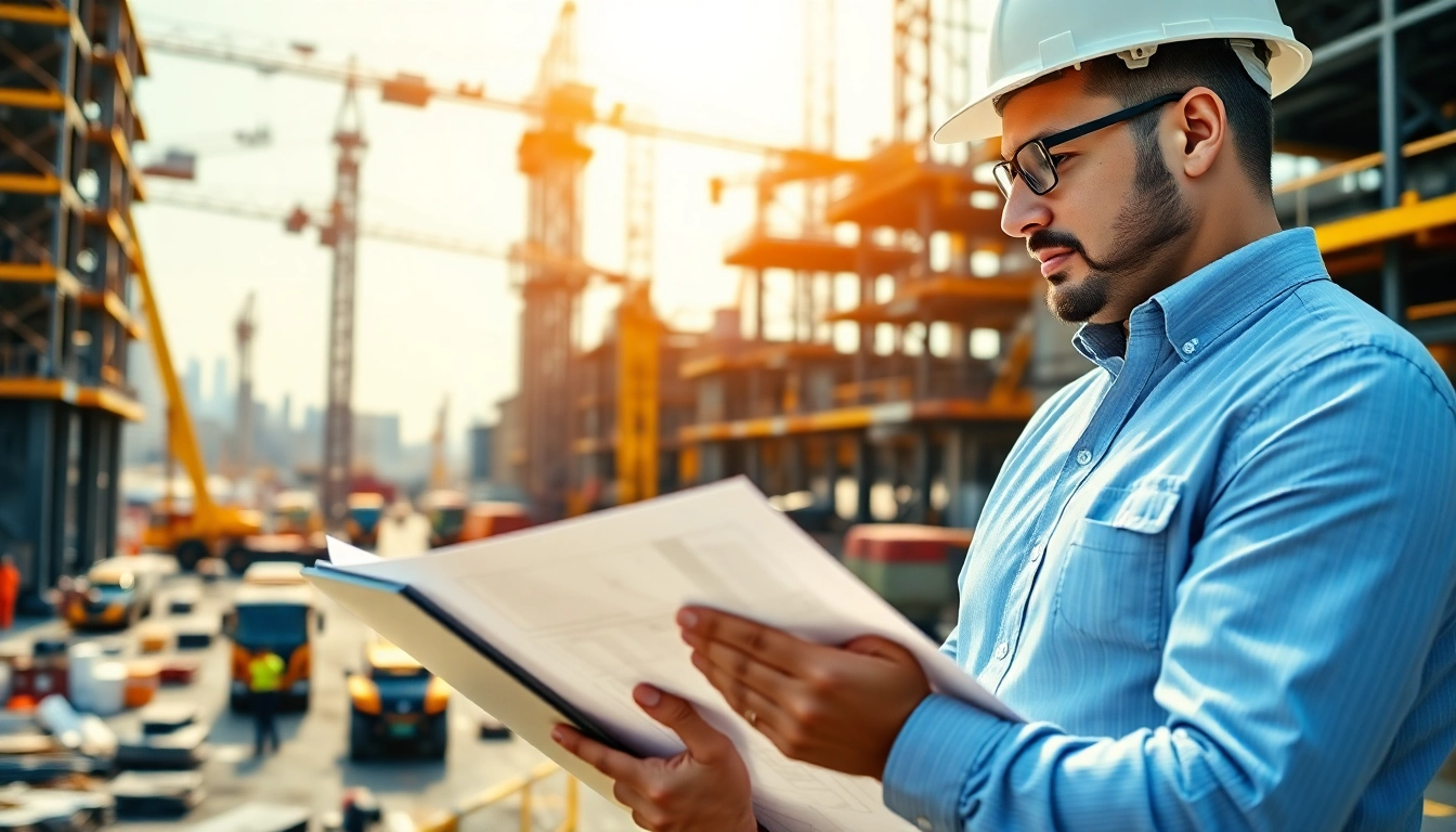 New York Construction Manager analyzing plans at a construction site.
