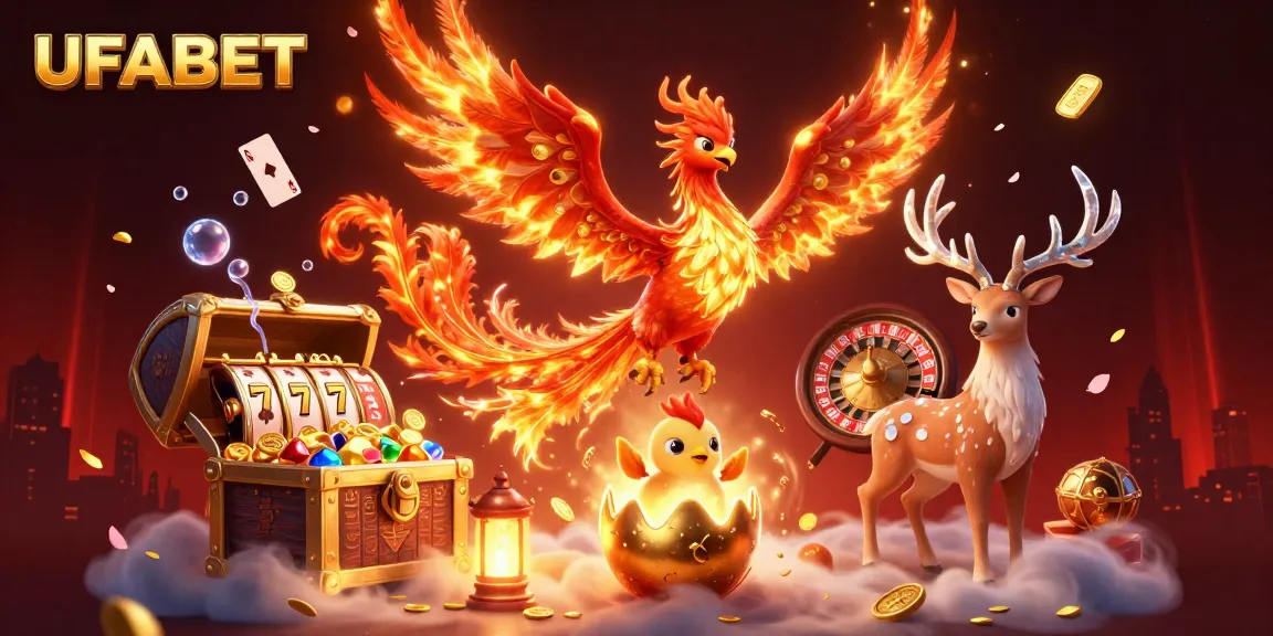 Experience thrilling gaming action at UFABET with vibrant 3D characters and casino elements floating around.