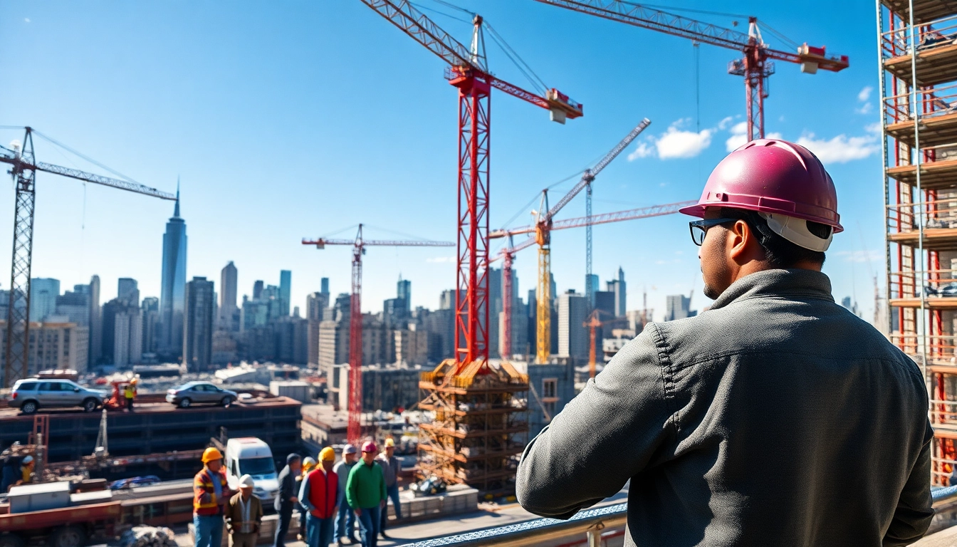 New York City construction manager directing a diverse team on-site, ensuring project efficiency.