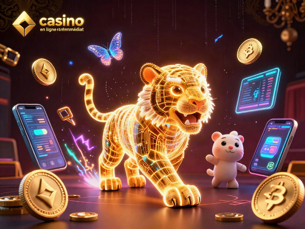 Jouez à un casino en ligne retrait immédiat avec des gains rapides et sécurisés, illustré par un tigre doré et des éléments virtuels.