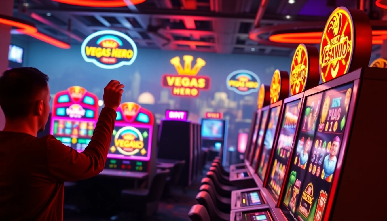 Vegas hero online casino scene showcasing dynamic slot machines and thrilled players.