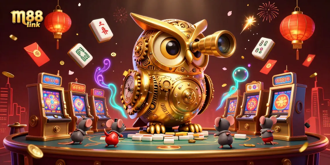 Experience the excitement of m88 link with a vibrant 3D scene featuring a golden owl scanning a bustling casino floor.