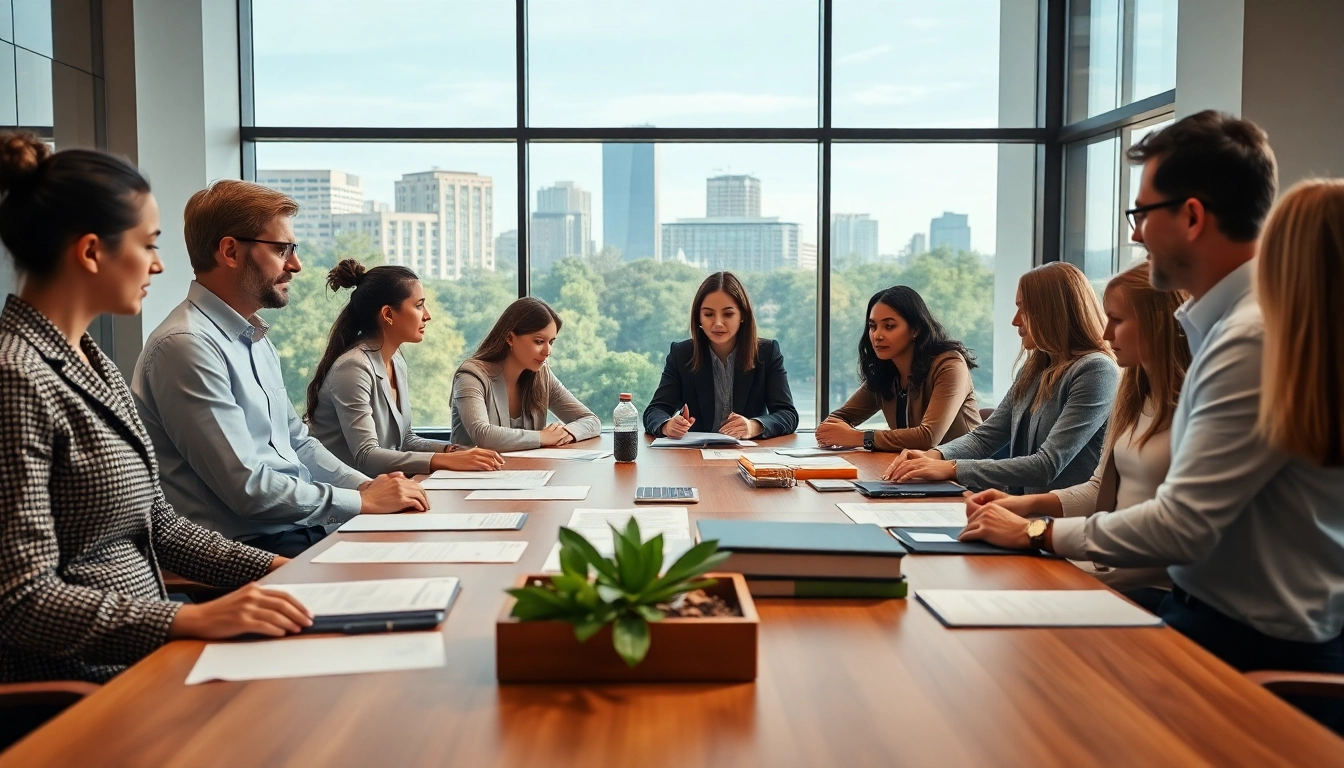 A dedicated team at an environmental law firm discussing legal strategies in a modern office.