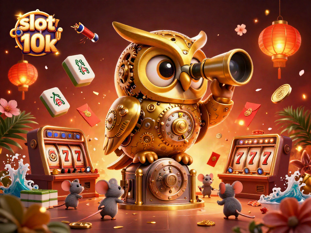 Engage with the thrilling slot deposit 10k scene featuring an owl, gold coins, and animated jackpot reels.