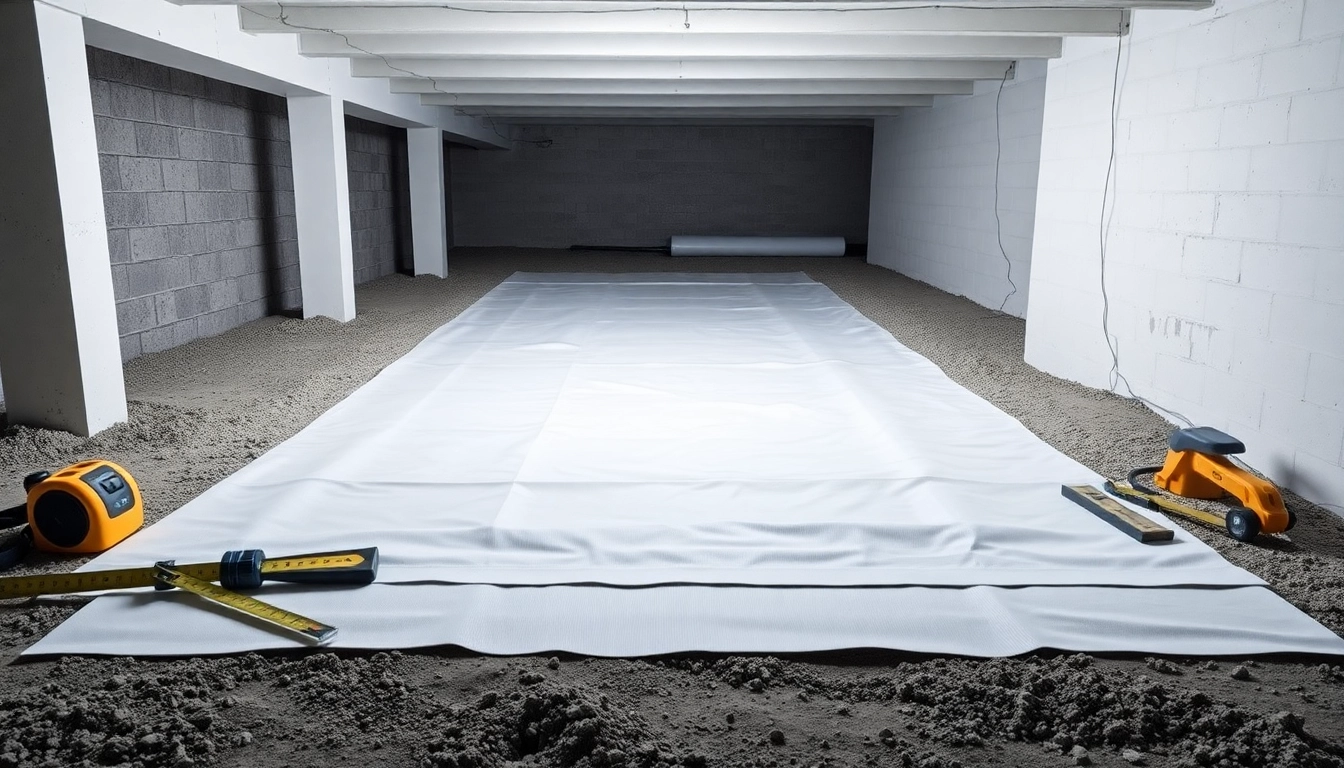 Vapor Barrier Installation during a professional crawl space project with tools and materials.