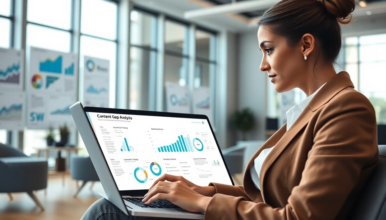 Analyze Content Gap Analysis data with a professional businesswoman in a modern office.