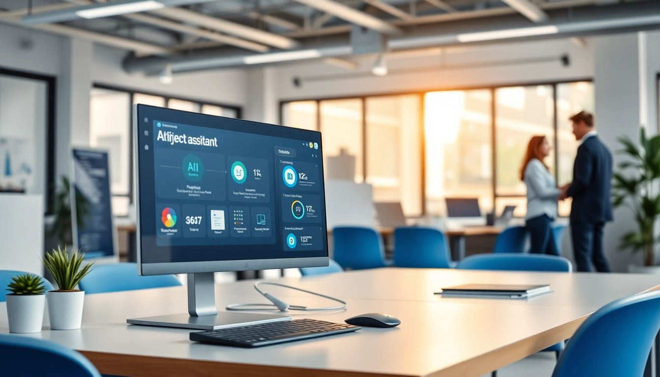 Showcase of an enterprise assistant platform enhancing teamwork in a modern office setting.