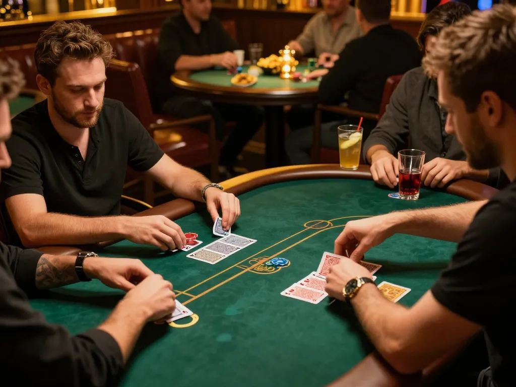 The hidden wiki features players strategizing during a high-stakes poker game in an elegant underground lounge setting.