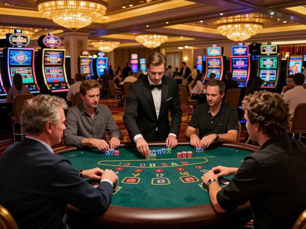 Engaged players at blackjack table in upscale cm88-t1 casino, showcasing strategic betting.