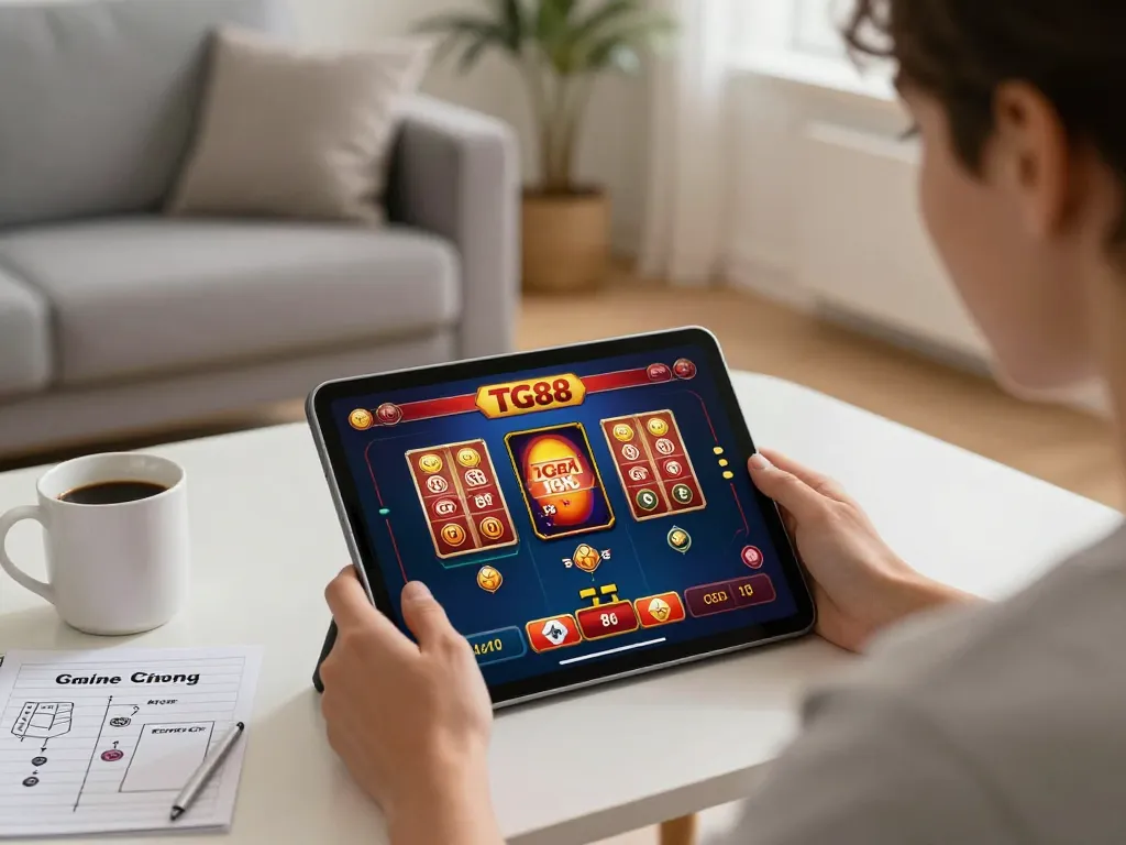 Engaging in online games at TG88, showcasing immersive gameplay and strategic betting in a cozy setting