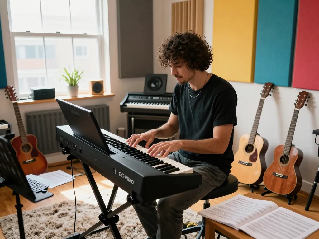Musician playing the go 88 digital piano in a bright, creative studio space.