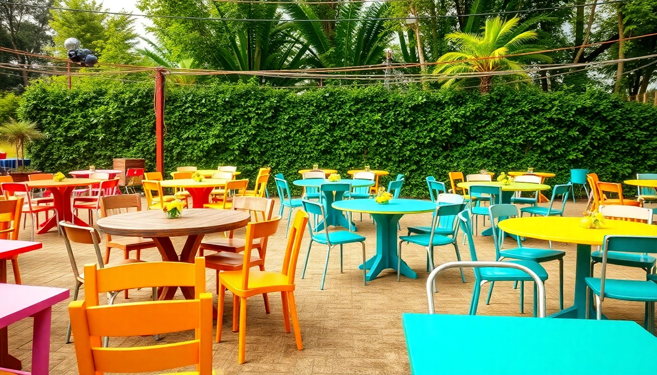 Showcasing vibrant Table & Chair Rentals in a lively outdoor setting with a warm atmosphere.