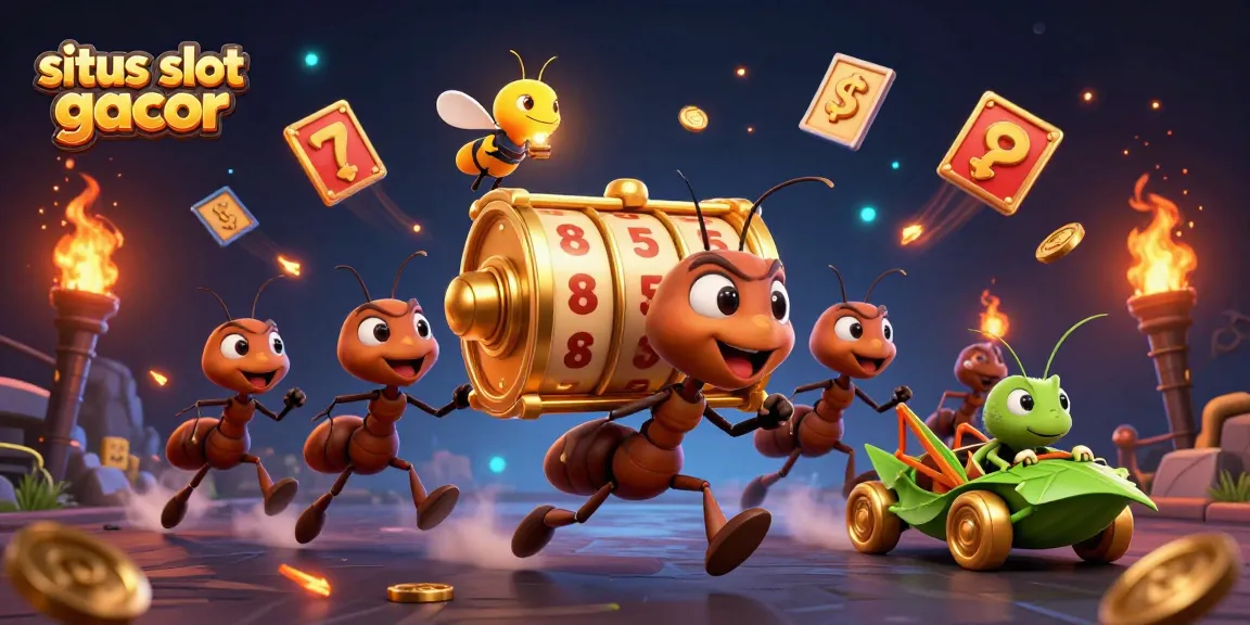 Experience excitement with situs slot gacor as cartoon ants steal a giant slot reel amidst dynamic casino symbols.