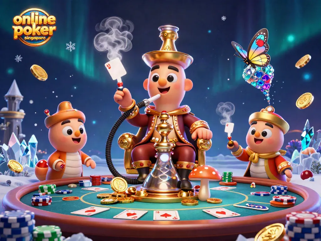 Players enjoying online poker Singapore at a vibrant casino scene with colorful poker elements.