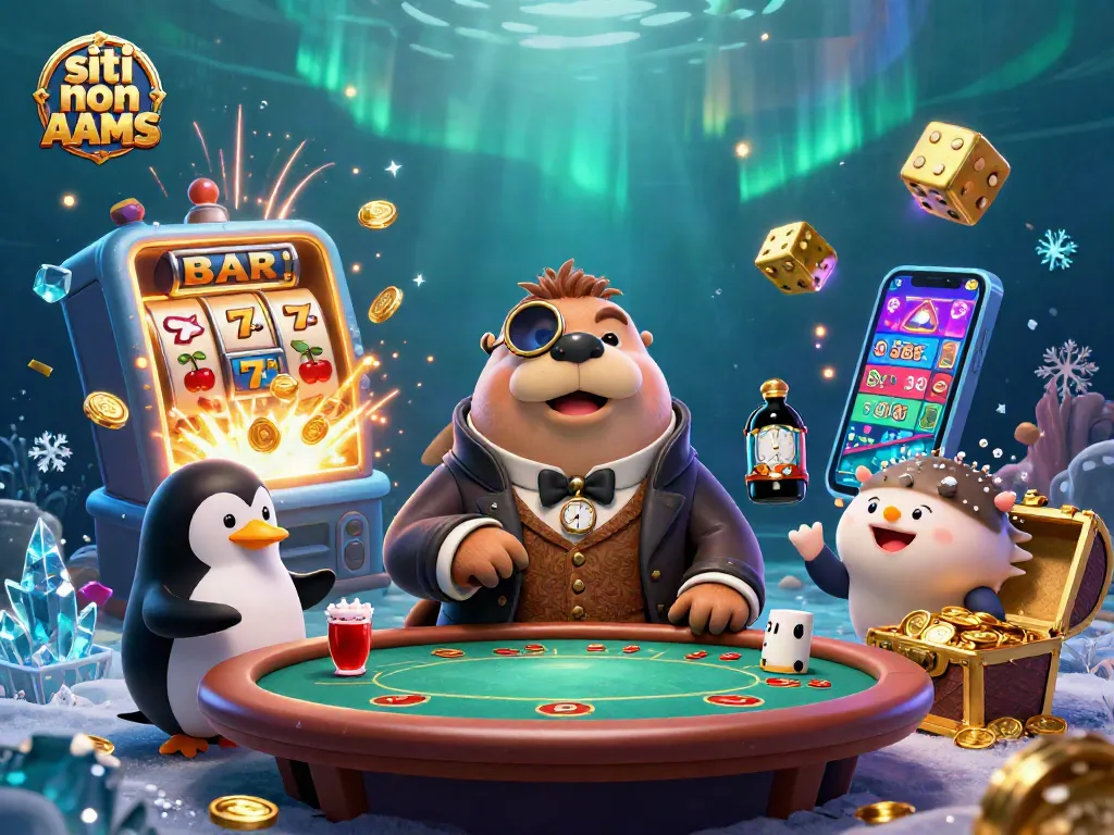 Gioca nei siti non AAMS con un tricheco gentiluomo e un dealer pinguino a poker, in un ambiente colorato.