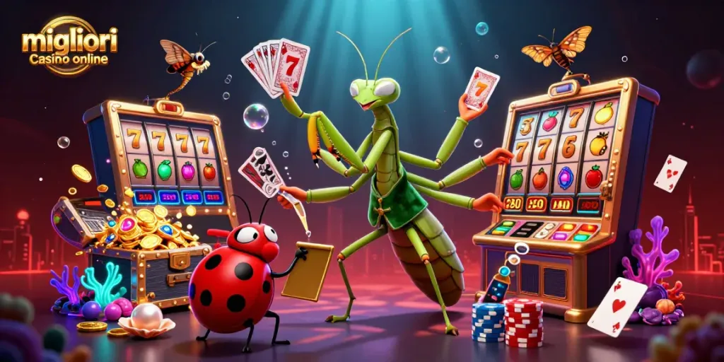 Illustrazione di un mantide gigante che distribuisce carte nei migliori casino online mentre scintillano monete e simboli delle slot.