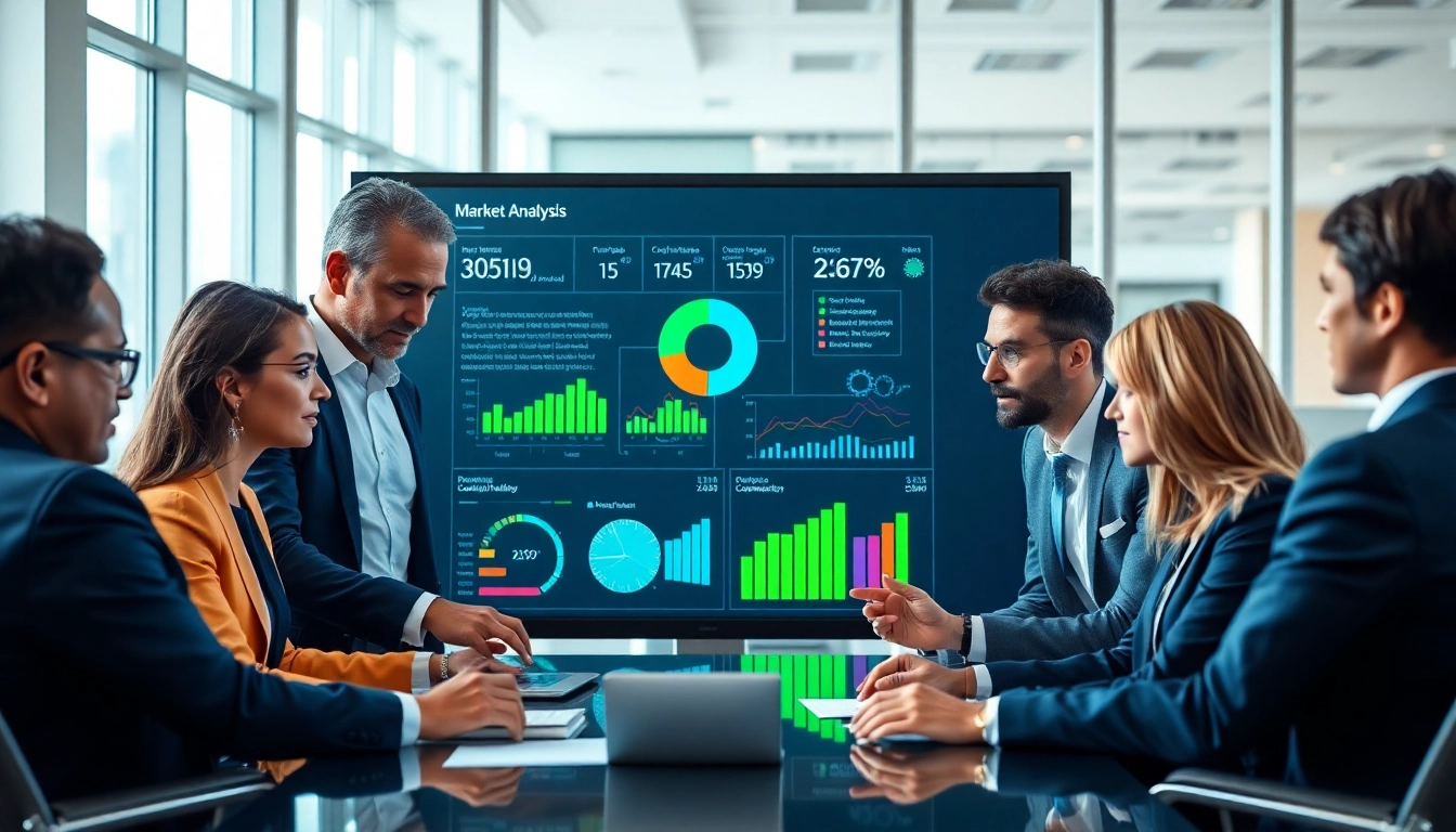 Utilize AI for competitor analysis by business professionals strategizing in a modern office.