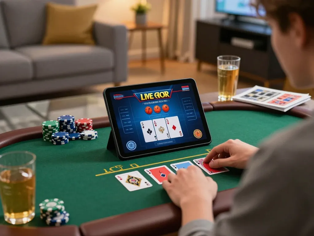 Engaging online dealer blackjack gameplay on a tablet at home, showcasing 789win experience and strategic play.