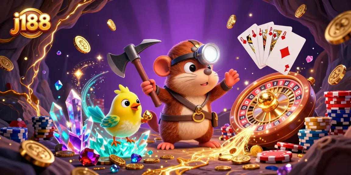 j188 enhances the excitement of casino gaming with a vibrant 3D cartoon scene depicting a treasure hunter and glowing gems.