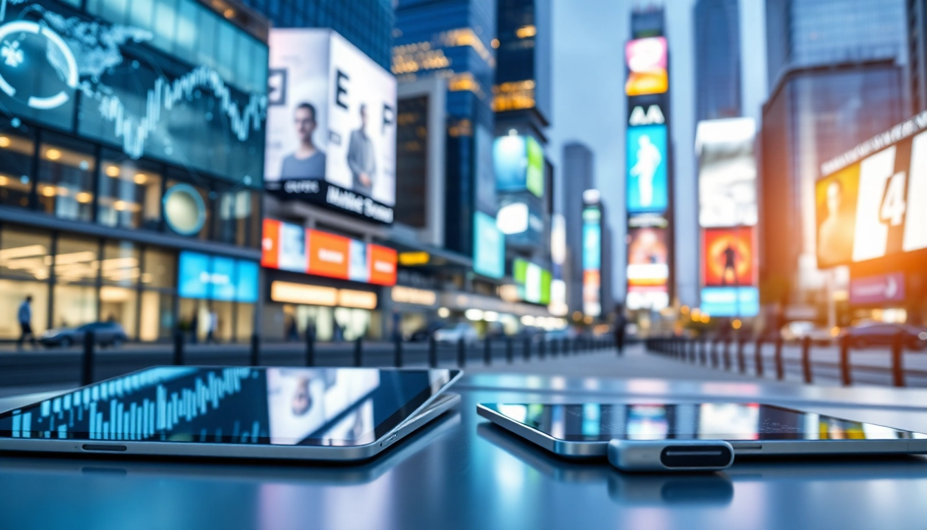 Showcasing Technology in smart devices amidst a vibrant urban landscape with digital elements.