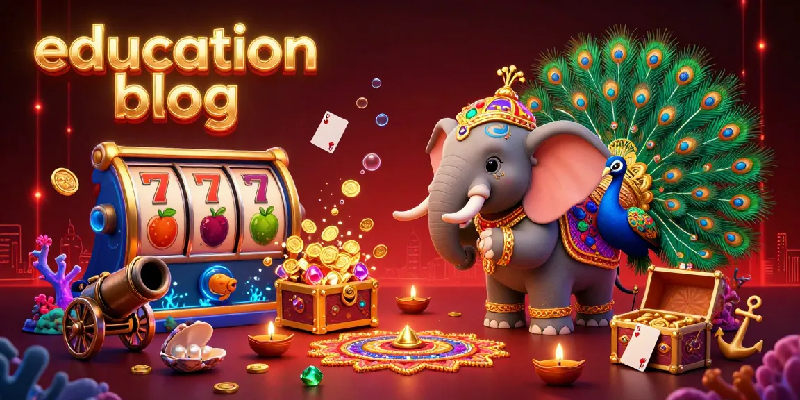 Engage with the vibrant casino world in this education blog illustration featuring Diwali-themed elements and dynamic game symbols.