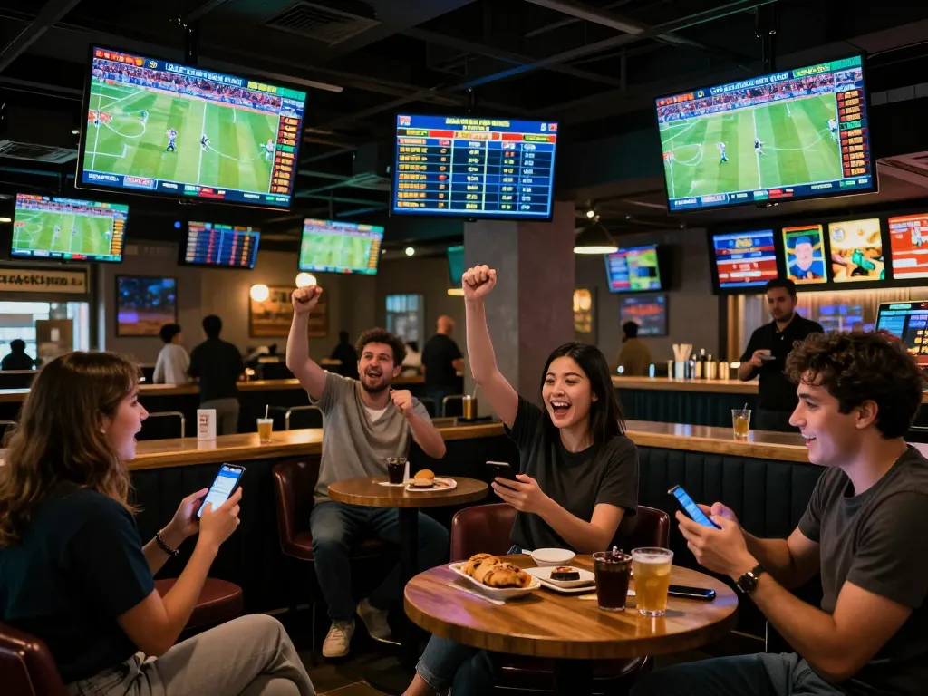 Sports betting excitement at sc8885 sports bar, patrons cheering while placing bets on multiple screens