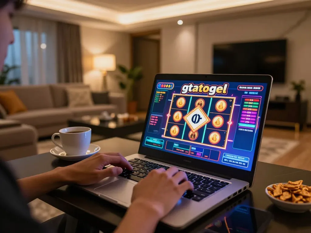 Engaging online gaming experience at gtatogel with a player enjoying a slot machine.