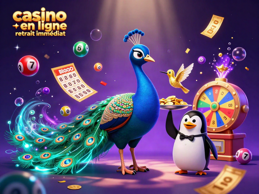 Retrait immédiat dans les casinos en ligne avec une illustration dynamique de jeux de loterie et des personnages flamboyants.