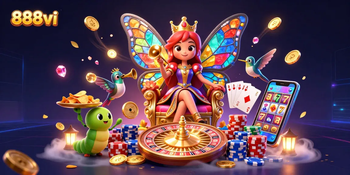 Experience the vibrant art of 888vi with a captivating casino-themed butterfly queen and dynamic game elements.
