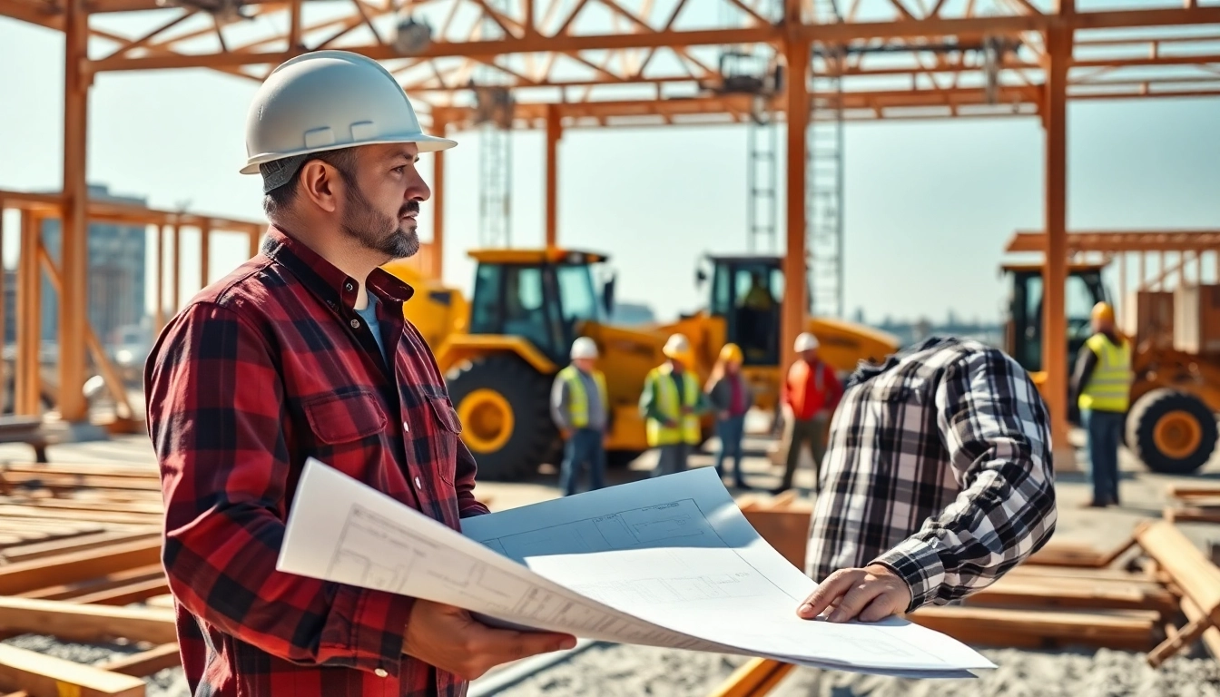 New York General Contractor supervising a busy construction site with a diverse team.