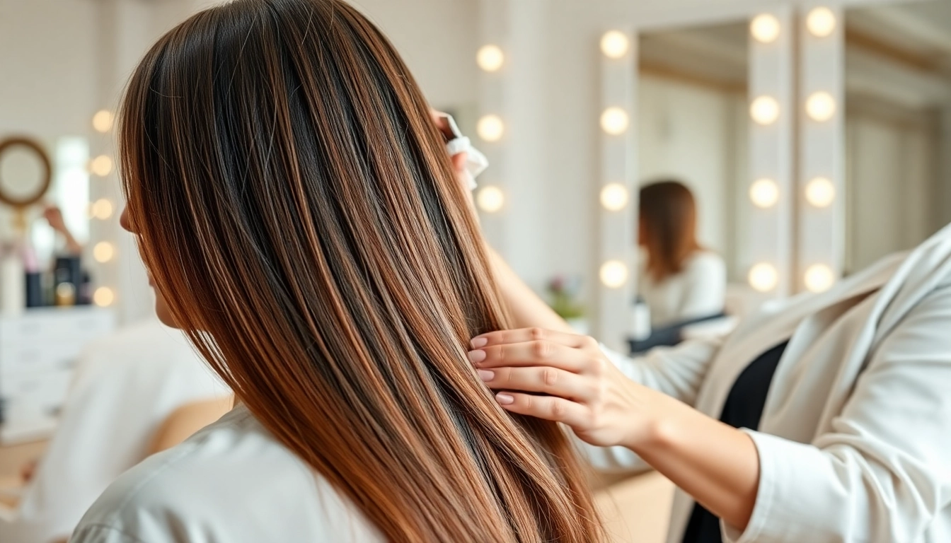 Sew in weft hair extensions being applied expertly in a professional salon.